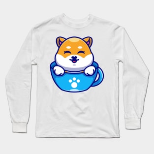 Cute shiba inu dog on cup coffee cartoon Long Sleeve T-Shirt